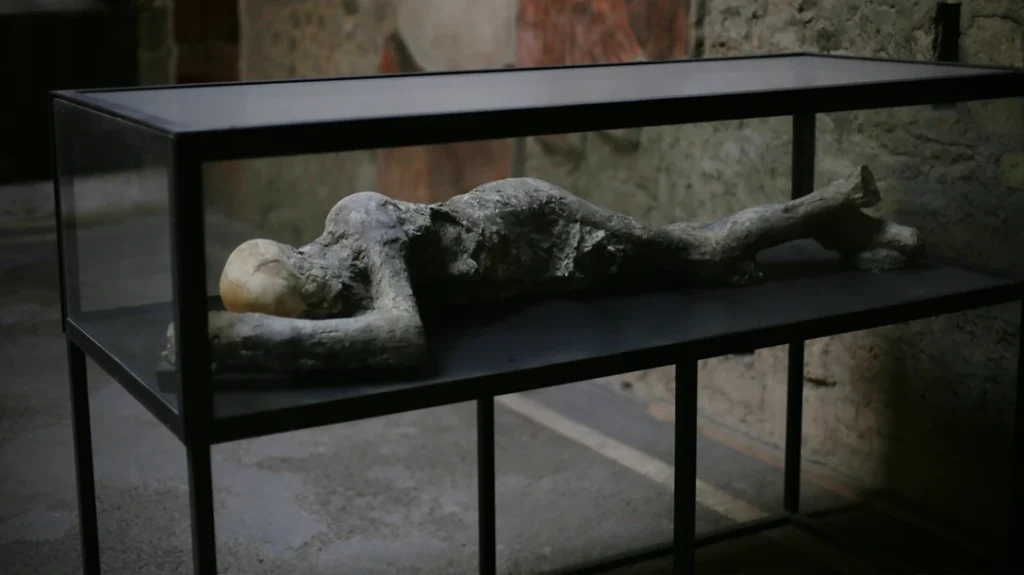 A victim from the tragic Pompei event on display.