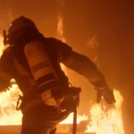 A firefighter bravely rushes into burning buildings, risking their life to save others and combat the destructive power of flames.
