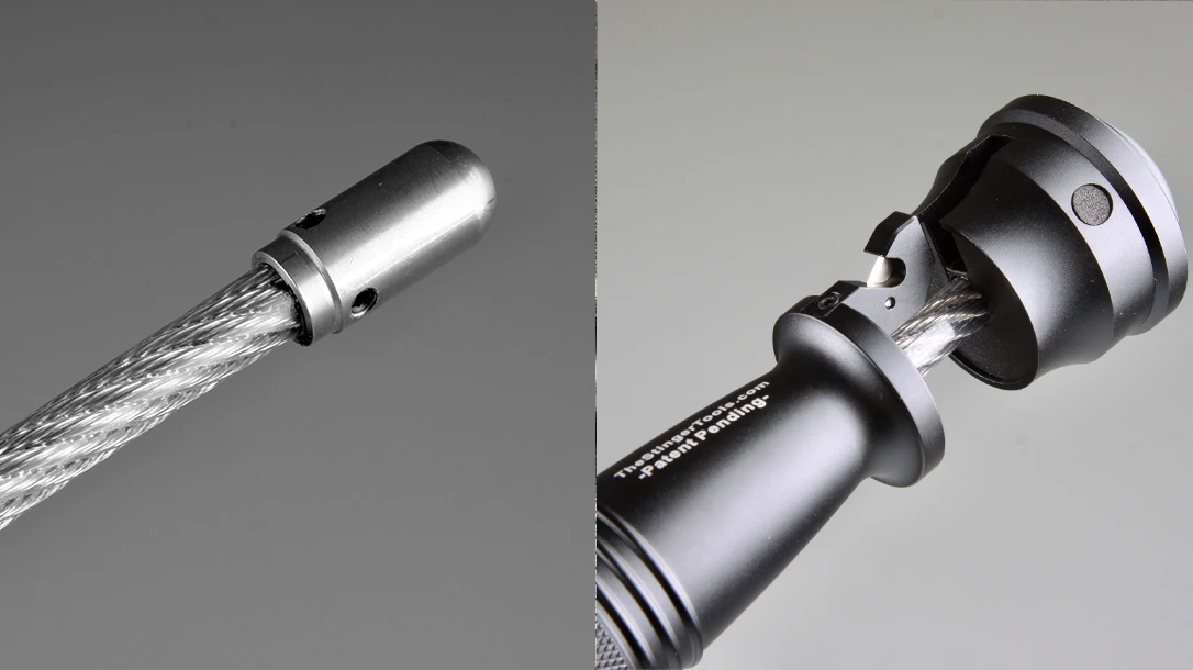 The tungsten glass breaker is left exposed at the back end of the tool’s handle to save precious seconds during a rescue.