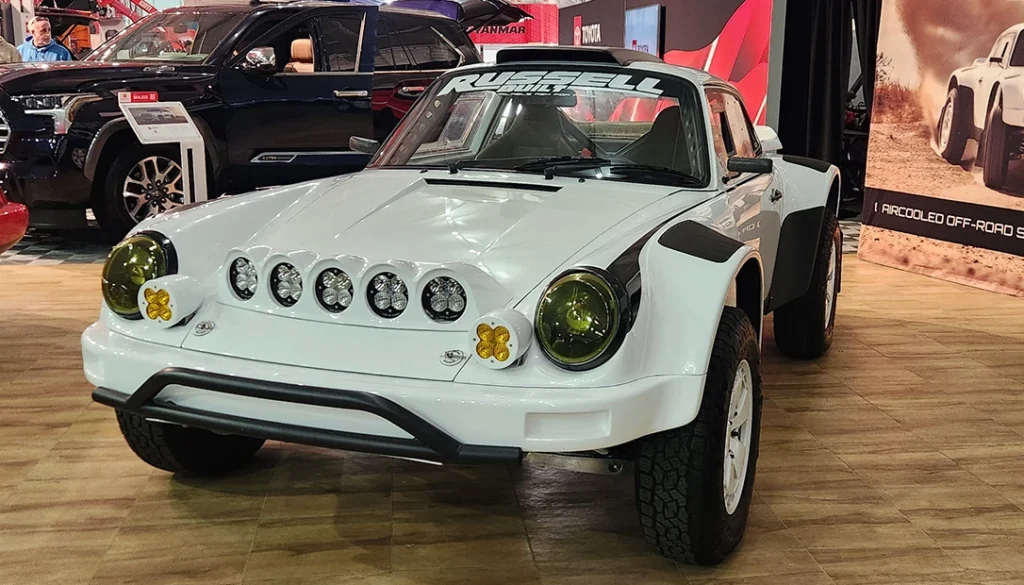 A fully built Porsche rally race car.