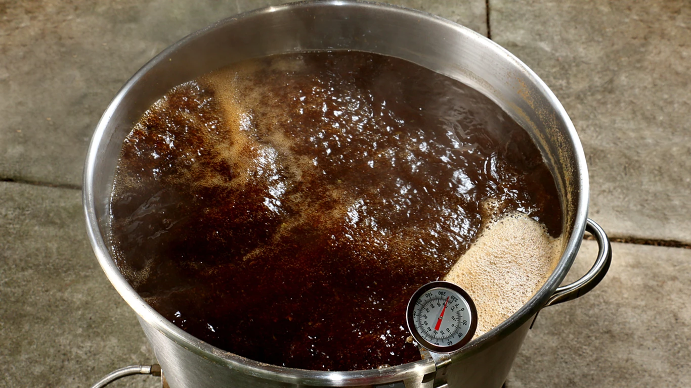 A boiling pot of wort for craft beer.